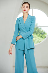 Blue Wide Leg Belted Pants Suit - FashionByTeresa